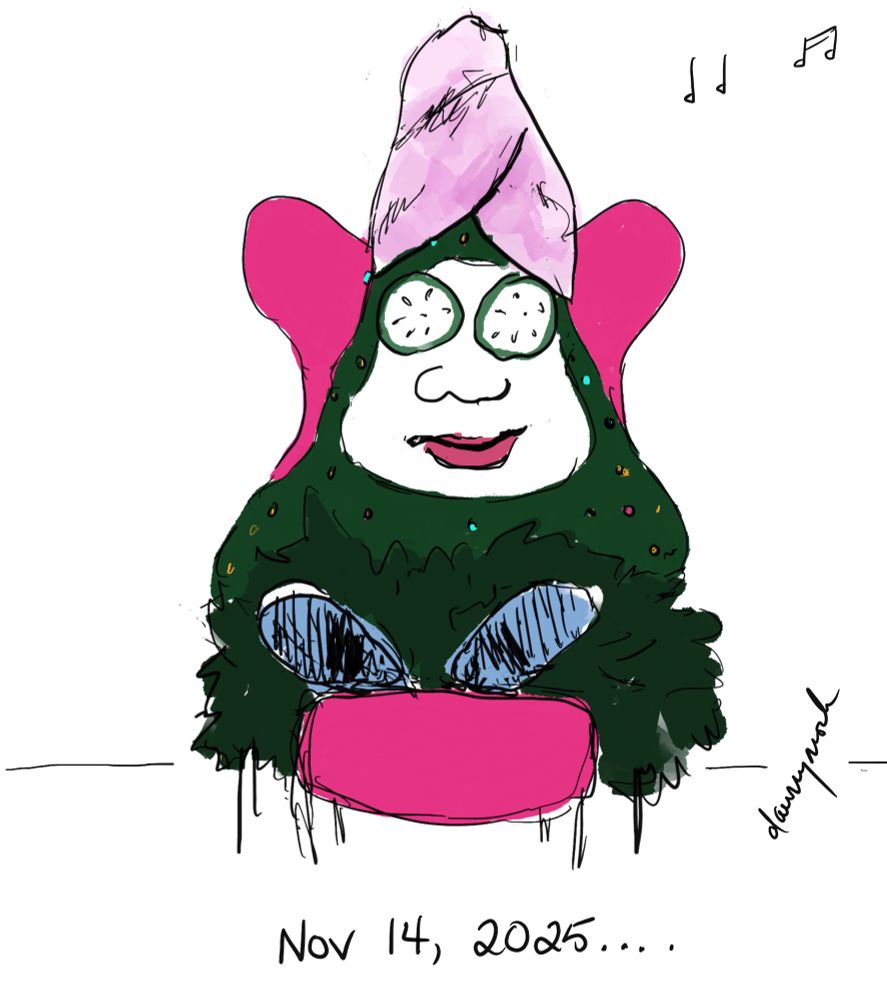 dawnymock cartoon of Woody the Talking Christmas Tree getting spa treatment on Nov 14