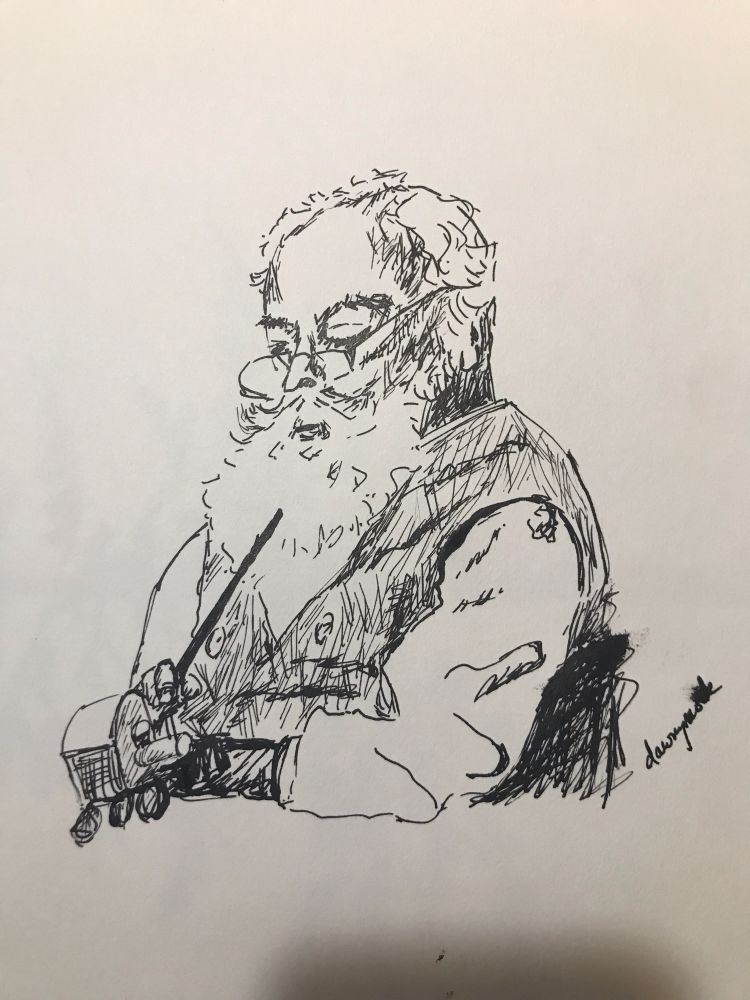 Ink on paper black & white Santa in vest, working on little toy train 