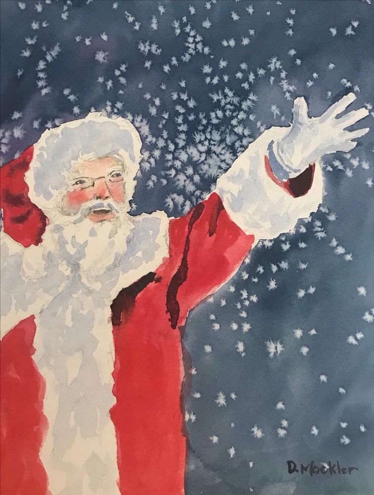 Watercolour Santa, waving and smiling, snowy night sky