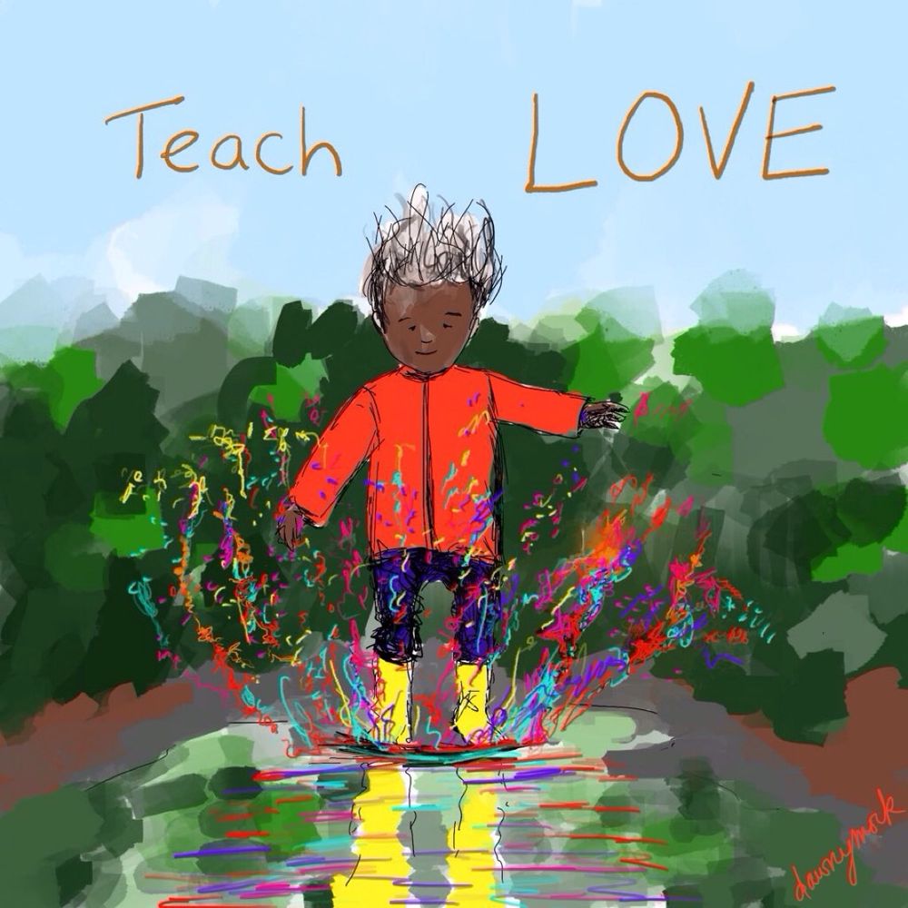 dawnymock drawing of child jumping in puddle, splash is colourful rainbow, words Teach Love overhead 