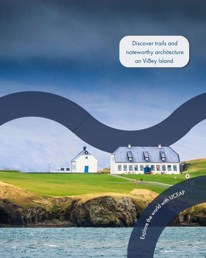 Two blue homes sit atop a grassy cliff over water on a cloudy day. A text bubble reads, "Discover trails and noteworthy architecture on Viðey Island" 