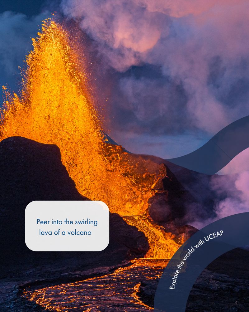 A bright fiery volcano explodes over rock. A text bubble reads, "peer into the swirling lava of a volcano".