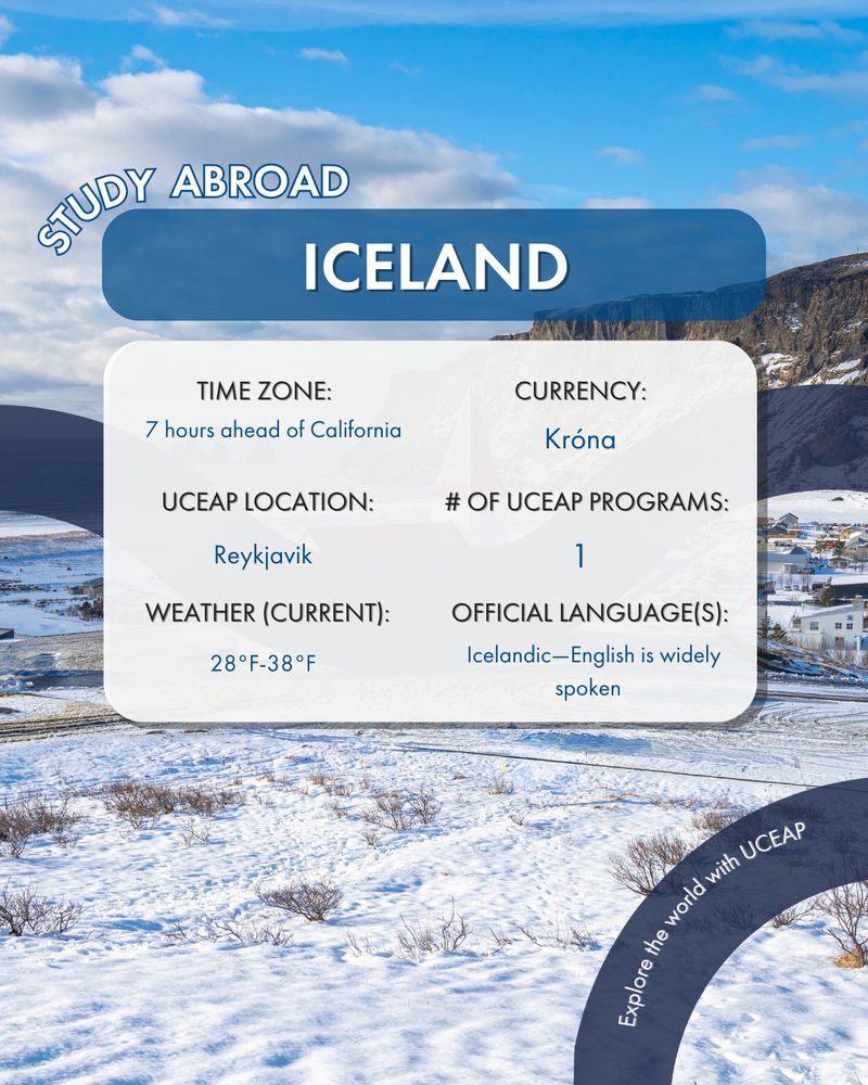 Infographic about studying abroad in Iceland, detailing timezone, currency (Króna), UCEAP location (Reykjavík), weather (28°F-38°F), and language (Icelandic, English widely spoken).