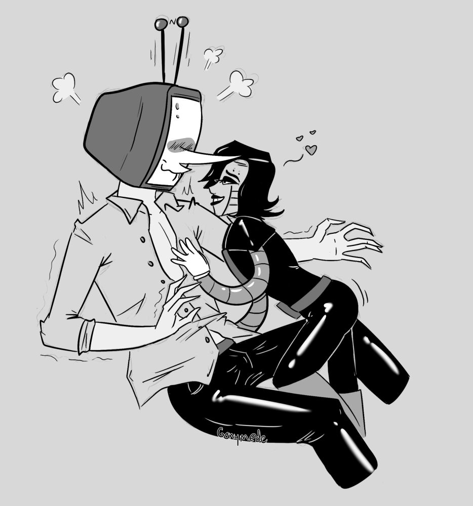 A black and white semi polished sketch of Mettaton climbing onto Tenna's lap. Tenna is blushing and hovering his hands over Mettaton, while Mettaton is looking longingly at him. 