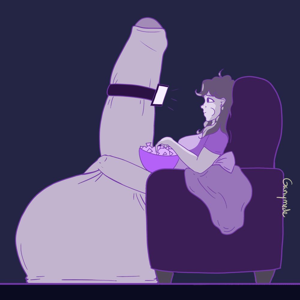 An early piece of my oc Fay relaxing in a chair, eating chips, and using her hyper cock as a tablet holder