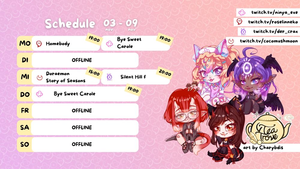 Wochenübersicht mit all unseren Streams:
MO "Homebody" mit Rose um 19:00 Uhr & "Bye Sweet Carole mit Ninya auch um 19:00 Uhr) || DI kein Sream || MI "Doraemon Story of Seasons" mit Coco um 15:00 Uhr & "Silent Hill f" mit Crax um 20:00 Uhr || DO "Bye Sweet Carole" mit Ninya um 19:00 Uhr || FR SA & SO kein Stream ||