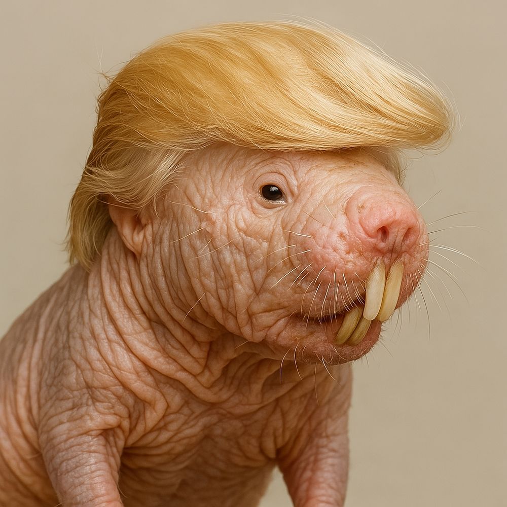 Naked mole rat, a long living rodent, MAGA edition, with a strange blonde toupee 