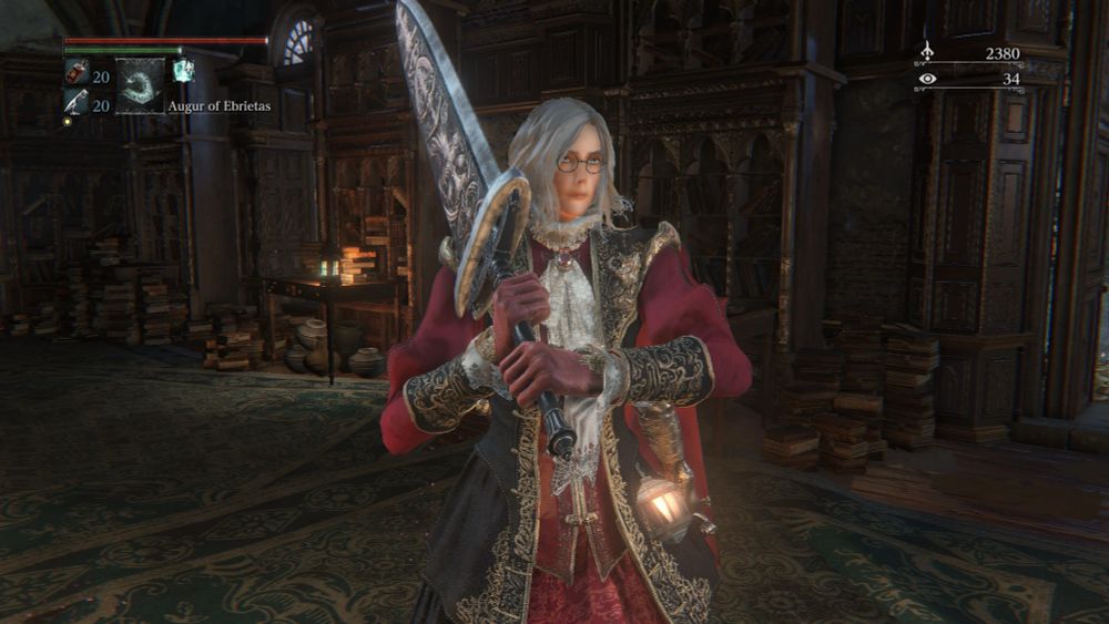 An absolutely immaculate looking player character from the game Bloodborne, wearing the Knight Set and wielding Ludwig’s Holy Blade 