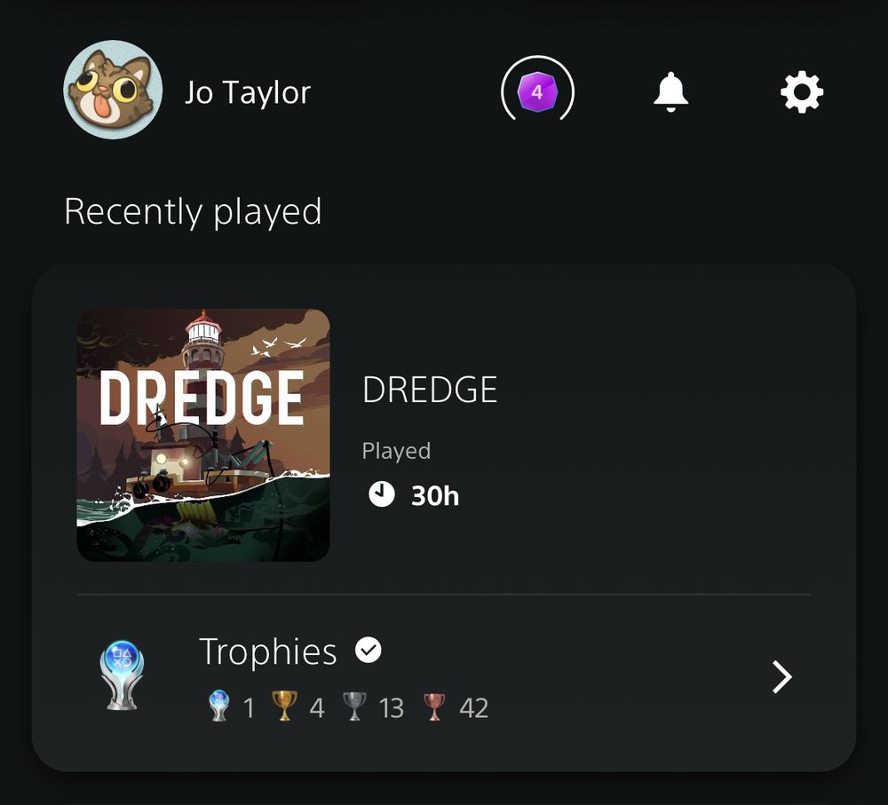A screenshot from the PS App showing playtime for the game Dredge 