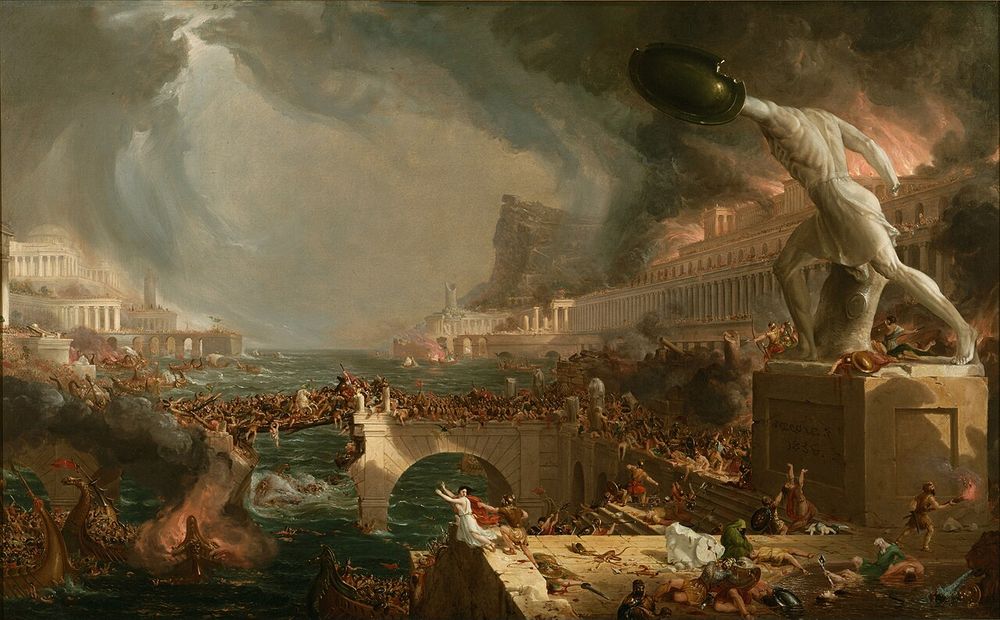 The painting Destruction, from The Course of Empire series by Thomas Cole. "A barbarous and destroying enemy conquers and sacks the city. Description of this picture is perhaps needless; carnage and destruction are its elements."