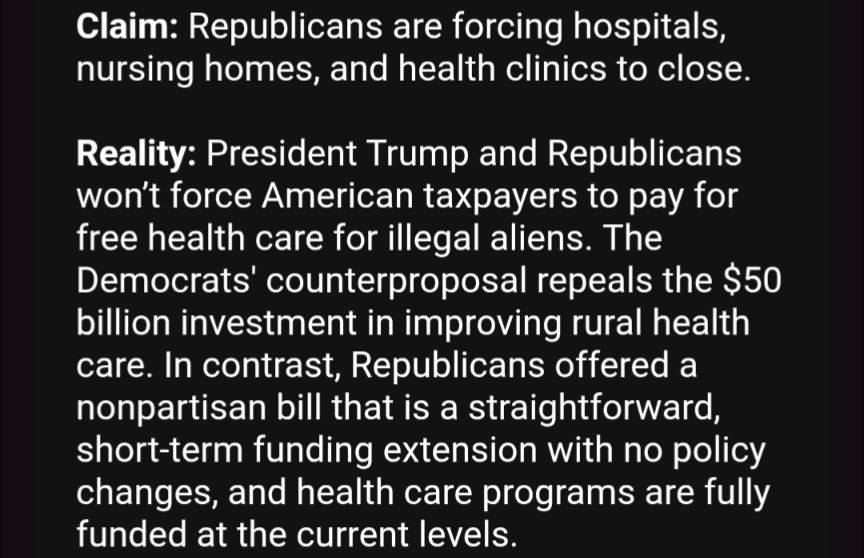 Part of Rep. Simpson's "Simpson Standard" email to constituents from Oct. 12, 2025. The excerpt lies about what Democratic health care proposals would do (and about GOP policy in the OBBB). It reads:

Claim: Republicans are forcing hospitals, nursing homes, and health clinics to close. 

Reality: President Trump and Republicans won’t force American taxpayers to pay for free health care for illegal aliens. The Democrats' counterproposal repeals the $50 billion investment in improving rural health care. In contrast, Republicans offered a nonpartisan bill that is a straightforward, short-term funding extension with no policy changes, and health care programs are fully funded at the current levels. 