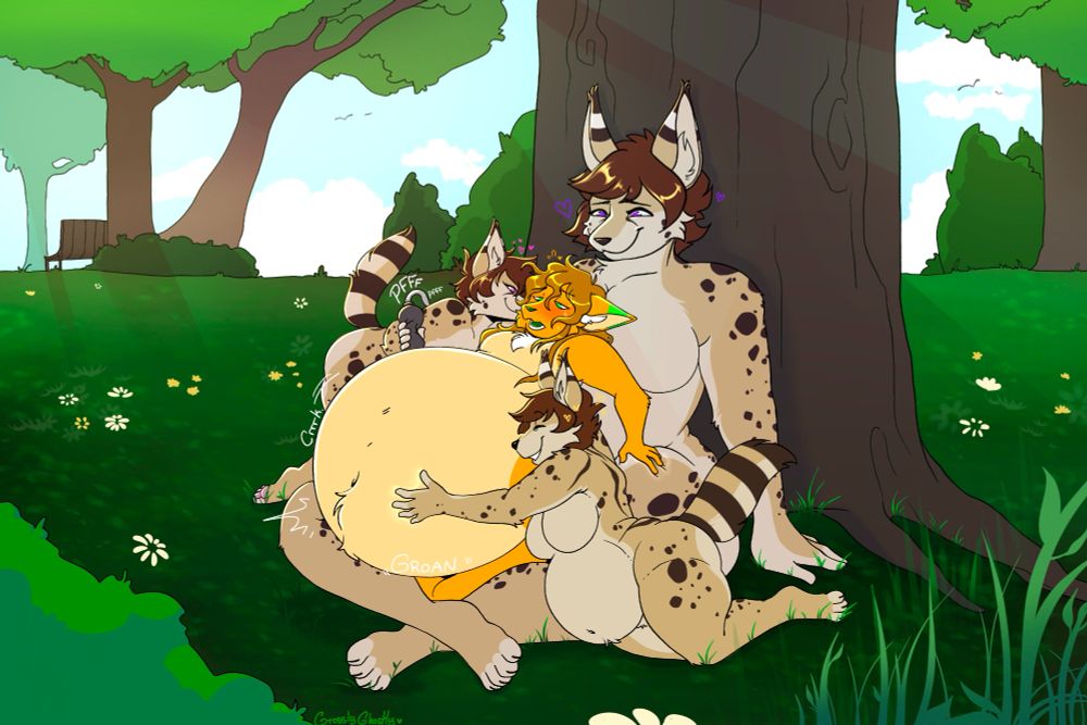 Blight, an orange fox, surrounded by three clones of a crème-brulée-furred serval. One being taller, a mini-giantess, one craddling and holding that foxy belly, and the other squeezing a bulb pump while whispering sultry words into his ears. 
The vulpine balloon huffs and groans as he's getting forcibly pumped up by this cloned trio, overwhelmed yet addicted to the feeling.
Though, these servals have had their own figures changed over time, their once skinny and svelt figures softened into pudgy, chubby physiques...
All of this is happening by a tree, nestled away just off the path of a public park, really risking to be found out... All of it is yet another factor that makes the scene more exciting for all members involved~