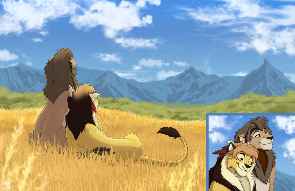 Two lions snuggled on a hillside, overlooking their home. Comfy and safe vibes.