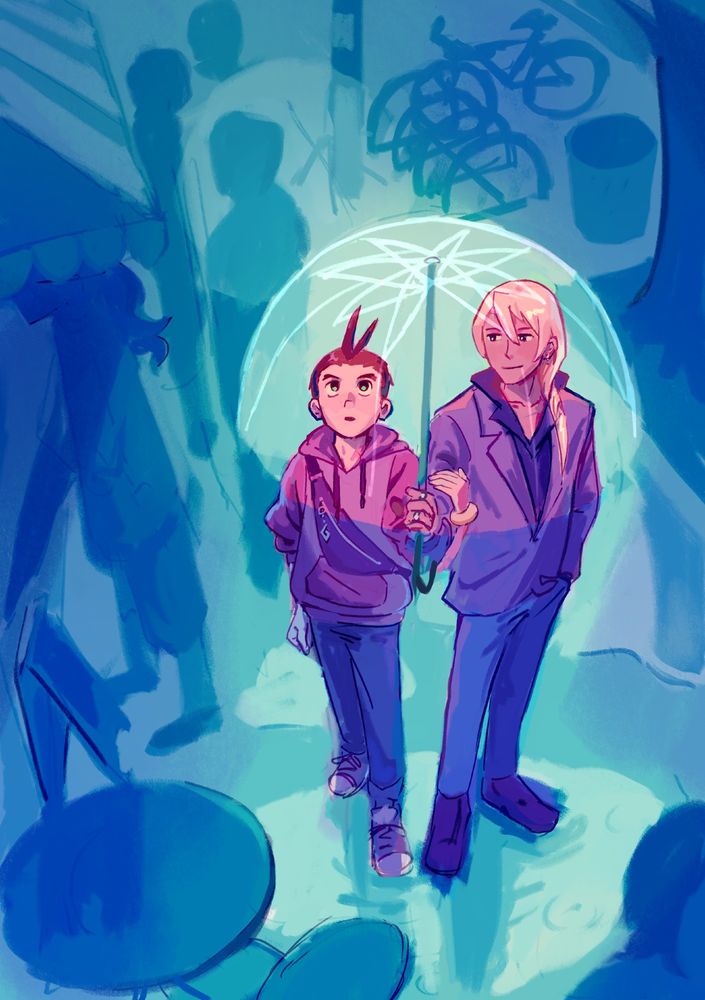 An illustration of the characters Apollo Justice and Klavier Gavin from Ace Attorney. It features the two of them from a bird's eye view standing under a clear umbrella Klavier is holding. The scenery behind them is washed blue but the characters are illuminated warmly in a way that sets them apart from the background. Apollo is looking up towards the sky, he's sporting a red hoodie with a crossbody bag with a small "Gavinners" logo keychains. Klavier is looking at Apollo with an endaring expression and is wearing a purple suit with a black shirt. Upon closer inspection Apollo appears to have his hand wrapped around Klavier's arm that's holding the umbrella. They're standing on a clear puddle outside the entrance of a cafe. 