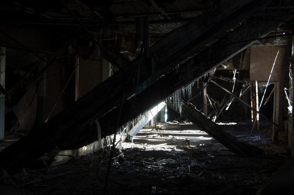 Frozen collapsed main support beam.