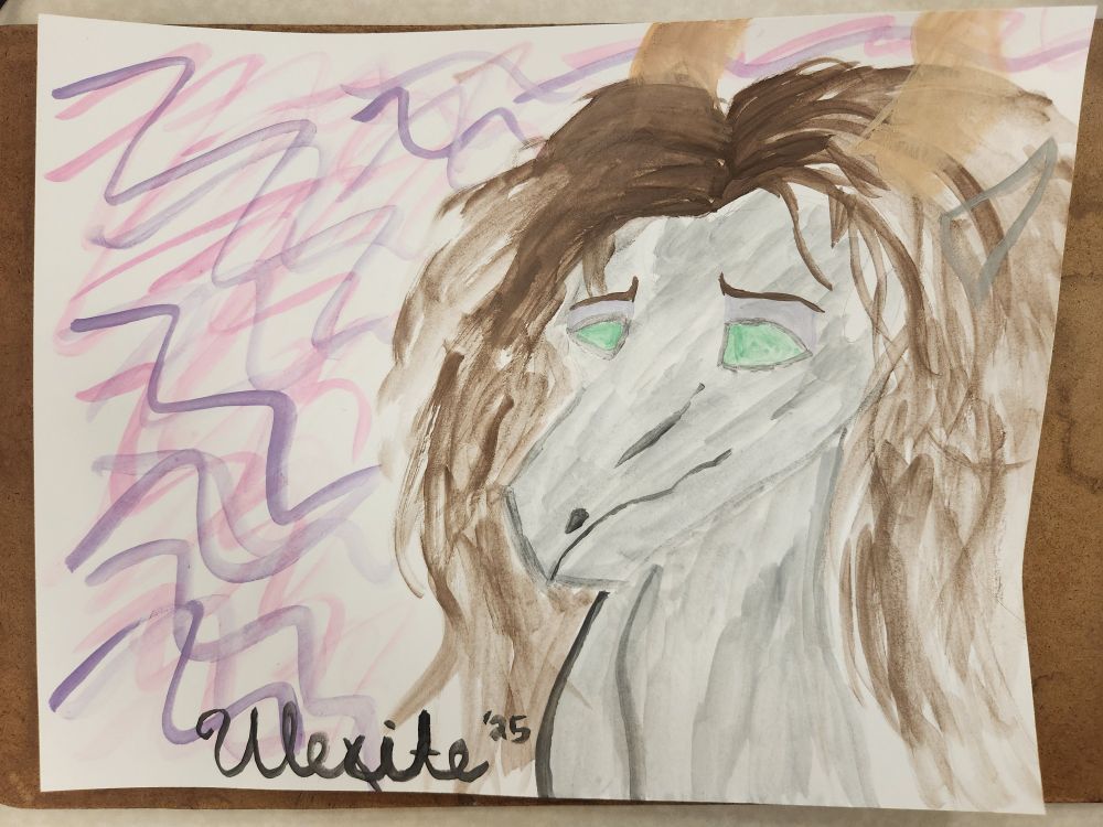 Watercolor bust of a gray dragon (Ulexite). The background has pink and purple squiggles. 