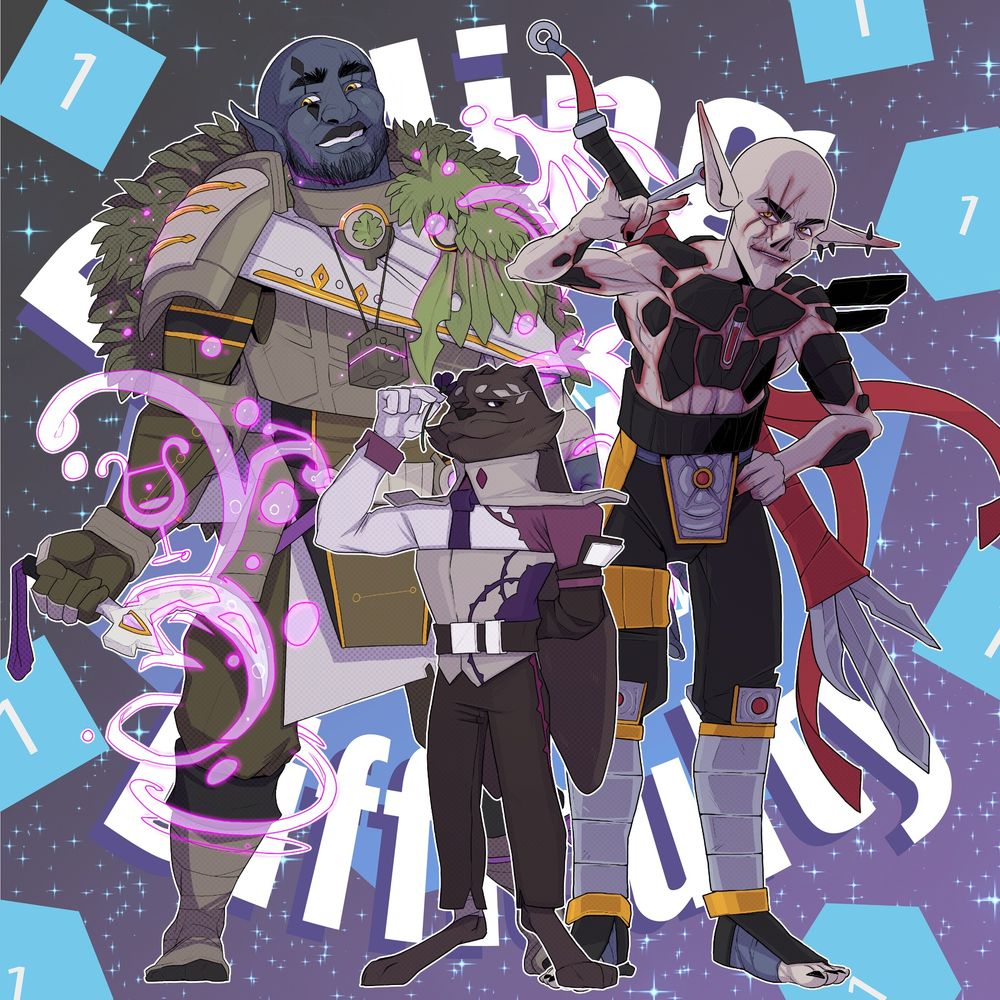 Three characters stand atop the Rolling with Difficulty logo. 
Finbar a Ranger/Druid Firbolg with tanned plate armor and a shawl of leaves in the back left
Vhas a pale Githyanki covered in chitinous scabbed armor in the back right
Evrard a short Harengon dressed in a thorn adorned suit with long ears down to hit knees