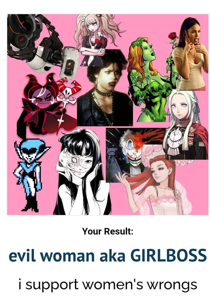 evil woman aka GIRLBOSS
I support women's wrongs
(background includes several aforementioned evil girl bosses) 