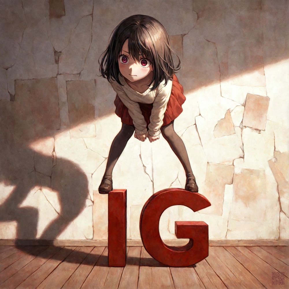 A charming and slightly whimsical anime-style digital illustration features an exceptionally cute young girl, rendered in a classic anime style with large, expressive ruby-red eyes and short, dark brown hair. She is positioned standing atop two massive, deep red letters "I" and "G," which dominate the foreground and are realistically rendered with a slightly textured, matte finish. The girl is wearing a light beige, long-sleeved shirt and a short, reddish-orange skirt, paired with dark tights and brown shoes. Her pose is slightly shy and demure, with her hands clasped gently in front of her, and a sweet, slightly nervous smile on her face. The letters "IG" are placed on a simple wooden floor in front of a cracked, off-white wall. The wall has a textured, almost plaster-like appearance with visible cracks and subtle variations in color, giving a sense of age and gentle wear. The lighting is soft and diffused, creating a warm and inviting atmosphere, and casting gentle shadows that emphasize the three-dimensional form of the letters and the girl. The overall impression is cute, slightly playful, and subtly suggestive of social media themes due to the prominent "IG" letters. This image is perfect for attracting fans of cute anime illustrations, those interested in social media art, and viewers who appreciate charming character designs in simple yet effective settings. It is well-suited for promotion of illustration books, art prints, and merchandise featuring adorable anime girls and themes related to online communities and sharing art. Keywords: anime illustration, cute girl, IG letters, Instagram, social media, digital art, anime style, kawaii, shy, letters, red letters, digital painting, artwork, illustration book, merchandise, art prints, brown hair, red eyes, standing, pose, wooden floor, cracked wall, KURUKURU, online art, social platform.