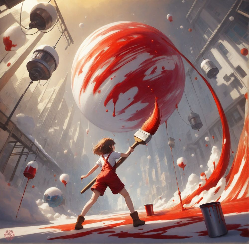 Digital illustration depicting a surreal cityscape where a small girl in red overalls and a white shirt is painting a giant floating white sphere with vibrant red paint, transforming it into what appears to be Mars. She wields an oversized paintbrush connected to a dramatic swirl of red paint that spirals around the massive sphere. The setting features tall, modern buildings creating an urban canyon, with various paint containers and smaller white spheres floating throughout the scene. Some of these spheres are partially painted red, dripping with paint. The atmospheric perspective shows sunlight filtering through the urban environment, creating a dreamy, otherworldly quality. The girl stands confidently on a ground already splashed with red paint, seeming unaffected by conventional physics as she undertakes this impossible artistic feat. The illustration blends fantasy, childlike imagination, and artistic expression, suggesting themes of creativity without boundaries. The contrasting colors of vibrant red against the muted city background create a striking visual impact, drawing attention to the girl's ambitious artistic transformation of turning a simple sphere into a celestial body through nothing but paint and determination. The image evokes feelings of wonder, creative power, and the limitless potential of artistic vision when freed from physical constraints.