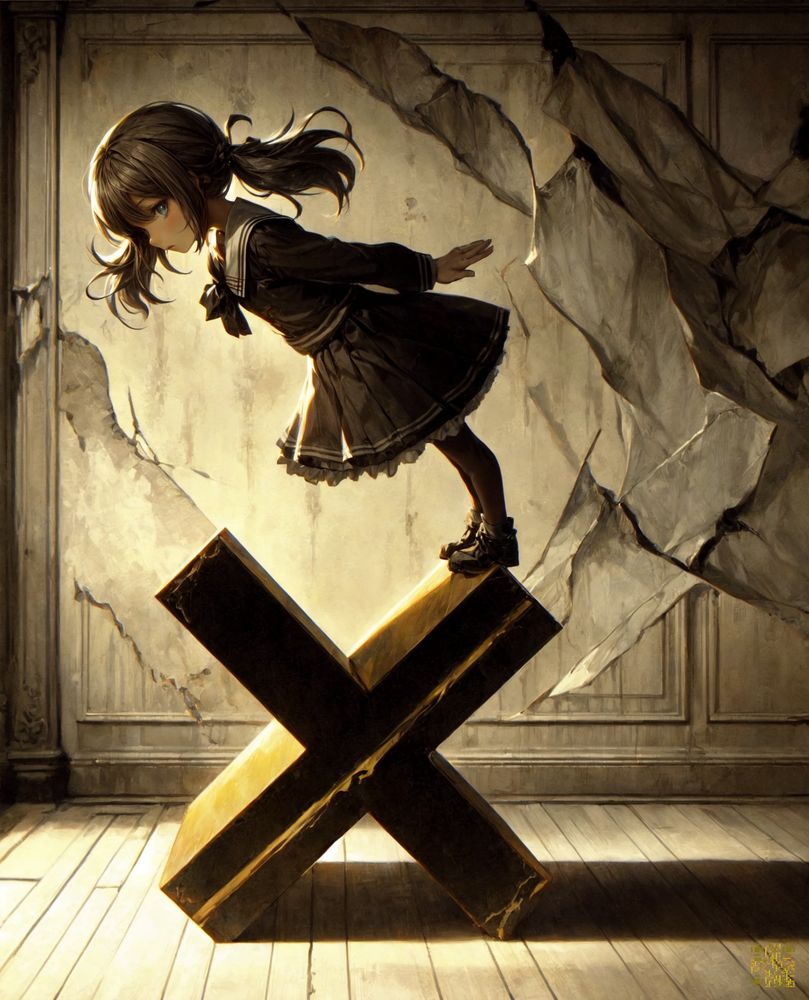 A captivating and slightly surreal anime-style digital illustration features an exceptionally cute young girl, rendered in a classic anime style with large, expressive blue eyes and flowing brown hair styled in pigtails. She's wearing a dark school uniform with a pleated skirt and a sailor collar, adding to her youthful charm. The girl is carefully balancing on top of a massive, golden-bronze "X" symbol, which dominates the foreground and is realistically textured to resemble aged metal. The "X" is positioned within an interior space with aged, cracked walls and a slightly worn wooden floor, creating a sense of mystery and subtle decay. Cracks and fissures are prominent in the wall behind her, suggesting a world slightly out of balance or in a state of gentle collapse, which contrasts with the girl's poised and careful stance. The lighting is soft and diffused, casting gentle shadows and highlighting the textures of the "X" and the surrounding environment. The overall atmosphere is whimsical and slightly melancholic, blending cuteness with a hint of surrealism and introspection. This image is perfect for attracting fans of cute anime illustrations, those who enjoy slightly conceptual or symbolic art, and viewers who appreciate detailed digital paintings with a touch of mystery. It is well-suited for promotion of illustration books, art prints, and merchandise featuring charming anime characters in unique and slightly unusual settings. Keywords: anime illustration, cute girl, X symbol, balance, school uniform, digital art, anime style, whimsical, kawaii, surreal art, conceptual, pigtails, cracked walls, interior, golden bronze, aged metal, artwork, illustration book, merchandise, art prints, brown hair, blue eyes, standing, pose, aged environment, mysterious, melancholic, digital painting.