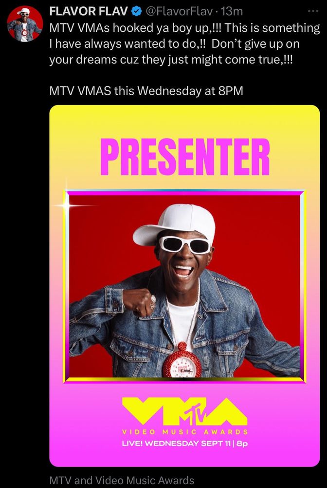 Flavor Flav fulfills dream of becoming a VMAs presenter: “This is something I have always wanted to do!!”