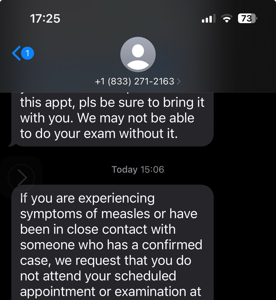 Photo of text message asking patients to not attend appointments with measles symptoms or contact
