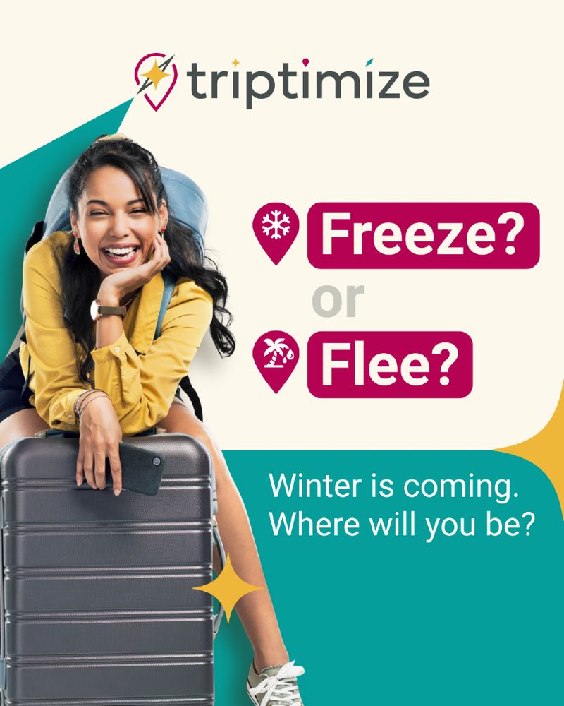 Smiling woman sitting on a suitcase with text: "Freeze? or Flee? Winter is coming. Where will you be?" Triptimize logo above.