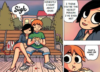 Poorly recoloured scott pilgrim comic. Shadowheart leaning contentedly against the titular scott's should "Sigh. I think you're the nicest person I've ever met." Scott replies "Honestly I DGAF about Shar" and "That's kind of sad"