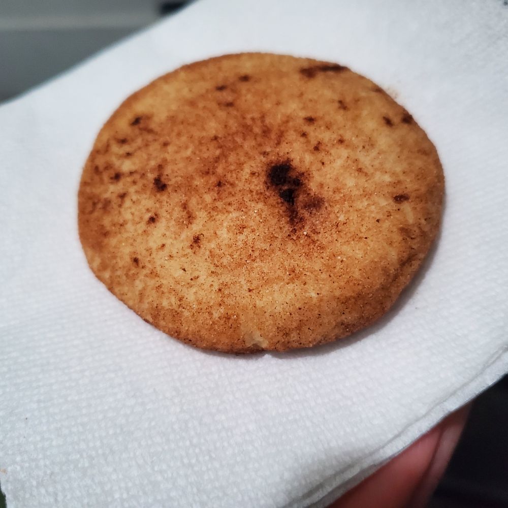 This is a picture of a cookie from the following recipe. 

Snickerdoodles recipe
1/2 cup unsalted butter, softened
1/2 cup shortening 
1 cup white sugar
1/4 cup light brown sugar
1/4 cup dark brown sugar
2 teaspoons vanilla extract 
2 3/4c all purpose flour
1 tablespoon baking powder 
1/2 teaspoon salt
3 tablespoons ground cinnamon 
1 teaspoon white sugar 

Preheat oven to 400° F
Cream butter, sugars, shortening, , add eggs and vanilla. 
Blend in flour, baking powder, and salt.
Shape into rounded balls. 
Mix the cinnamon and sugar in a bowl. 
Roll the balls of dough into mixture. Place 2 inches apart on ungreased or parchment on cookie sheet. Flatten gently with bottom of cup until ~3/4" thick. 
Bake 8-10 minutes until edges are just turning golden and centers are just set. 
