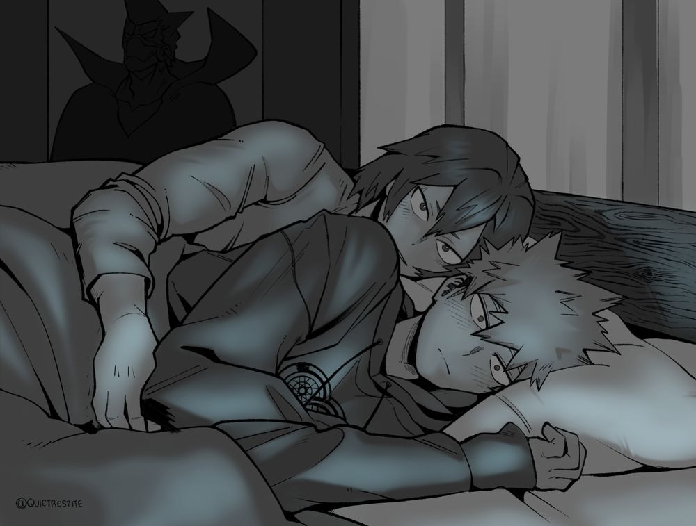 drawing of kirishima (big spoon) and bakugou (little spoon) in bed lit by the glow of an unseen television