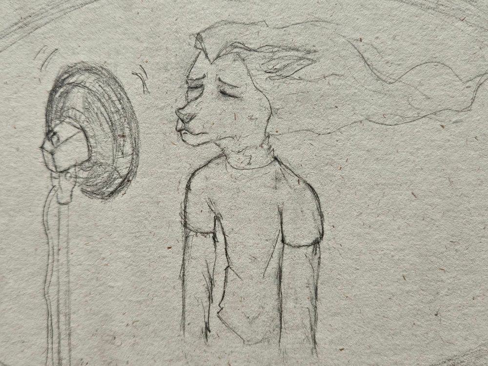 A pencil sketch of my sona slouching in front of a standing fan with a tired expression on his face. His hair and neck fluff is being blown back by the fan.