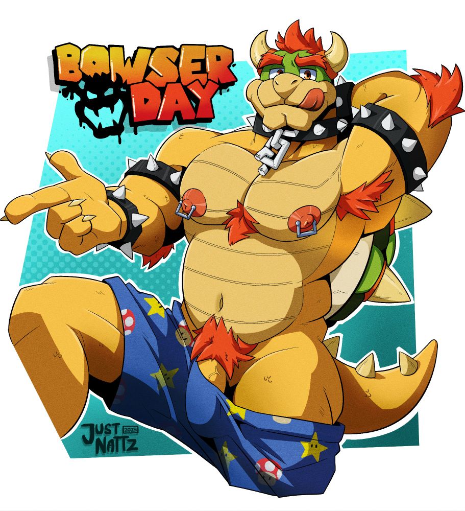 A Bara Bowser Piece to celebrate bowser and underwear day! shirtless bowser seductively gesturing the viewer to come closer, while his only piece of clothing (his underwear) is slowly falling down.