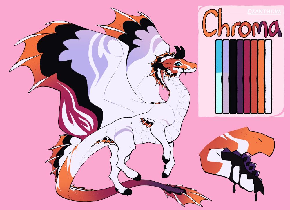A reference sheet illustration of a dragon with bright white scales and orange-yellow-purple gradient markings and fins all over. Her mouth is spiky and she is drooling out black paint.