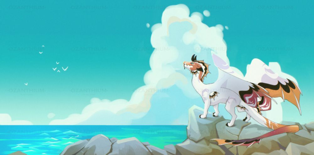 An illustration of my dragon character, Chroma, standing on some rocks over the ocean. It's a clear, sunny day with a large white fluffy cloud in the background. 