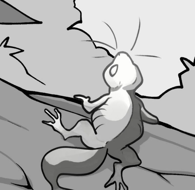 A cropped screenshot from a black and white comic page of a little lizard sitting on a log