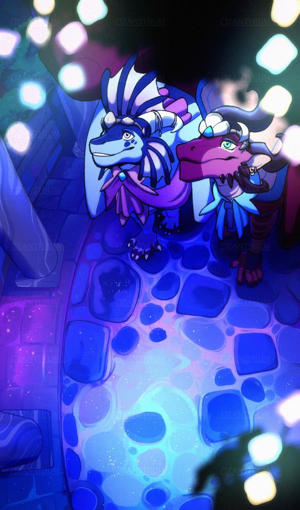 An illustration of two dragons walking down a path in a garden. The cobbled ground is wet and has pools of water between the stones, reflecting the lights and the night sky. The dragons are looking upwards at the fairy lights in the trees, blurred in the foreground.