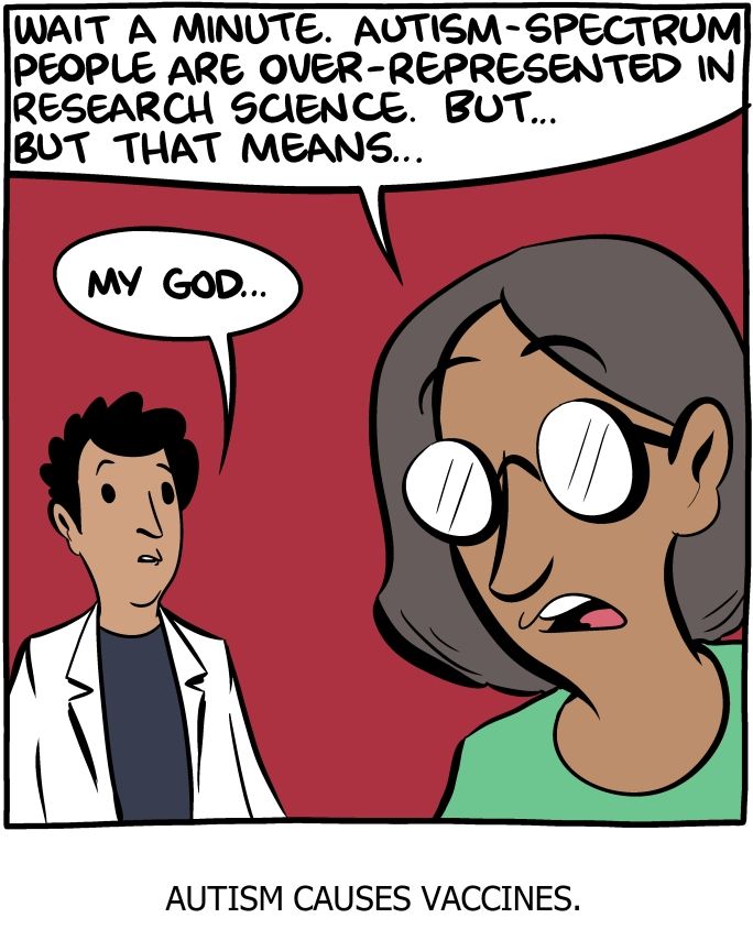 A single-panel comic from Saturday Morning Breakfast Ceral. Scientist #1 says "Wait a minute. Autism-spectrum people are over represented in research science. But... But that means...". Scientist #2 says "My god..." The caption reads "Autism causes vaccines".