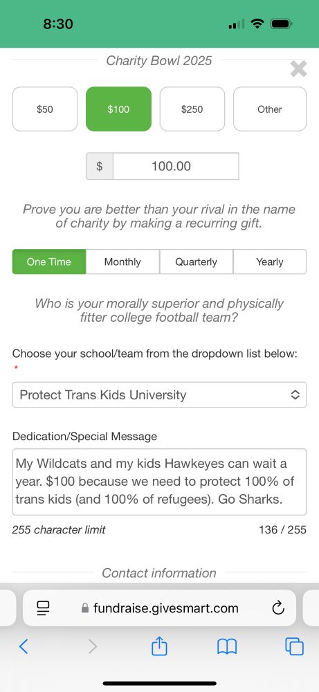 A $100 donation to the EDSBS Charity Bowl in the name of Protect Trans Kids University. 