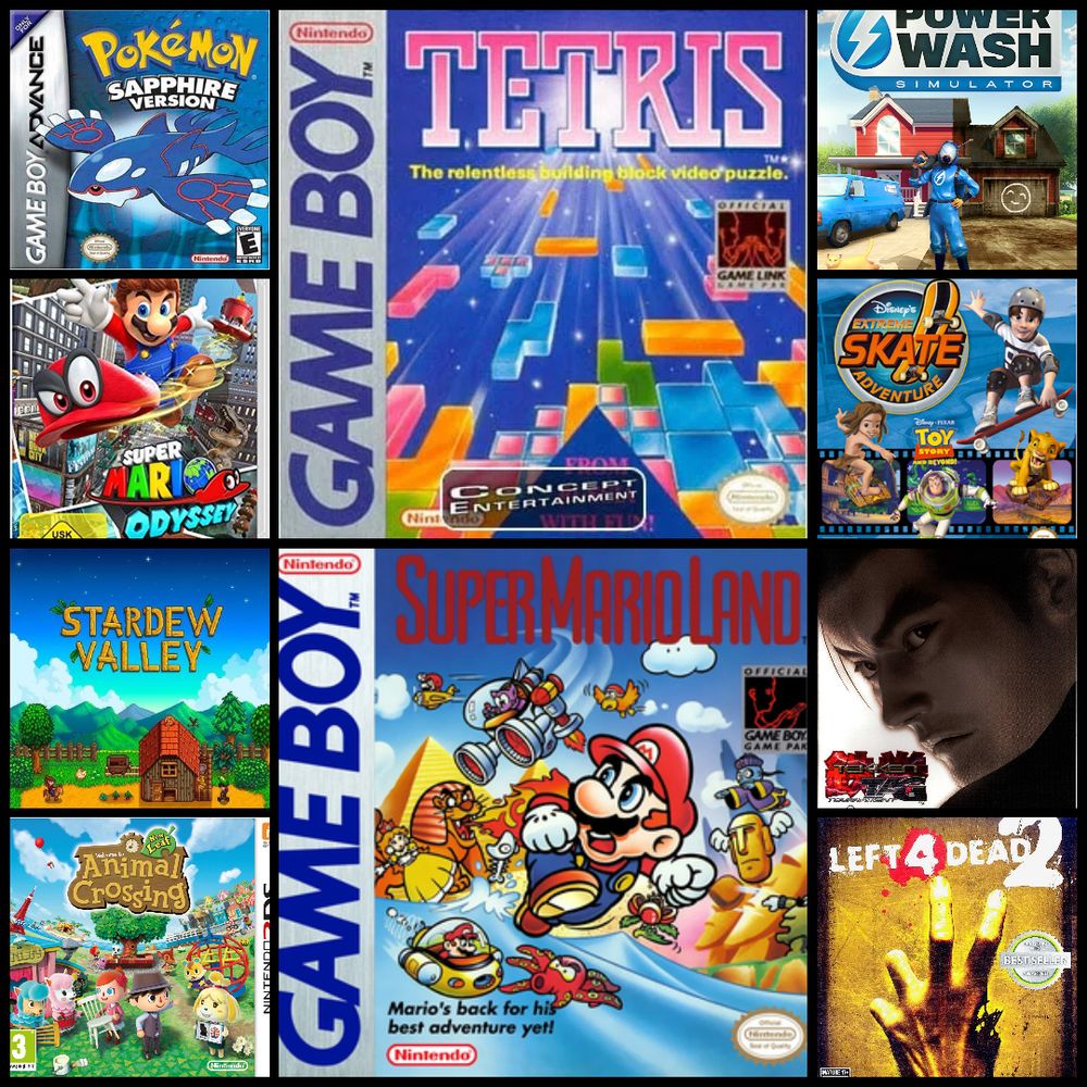 Pokemon Sapphire
Super Mario Odyssey
Gameboy Tetris
Powerwash Simulator
Disney Extreme Skate Adventure
Stardew Valley
Animal Crossing New Leaf
Gameboy Super Mario Land
Tekken Tag Tournament
Left 4 Dead 2