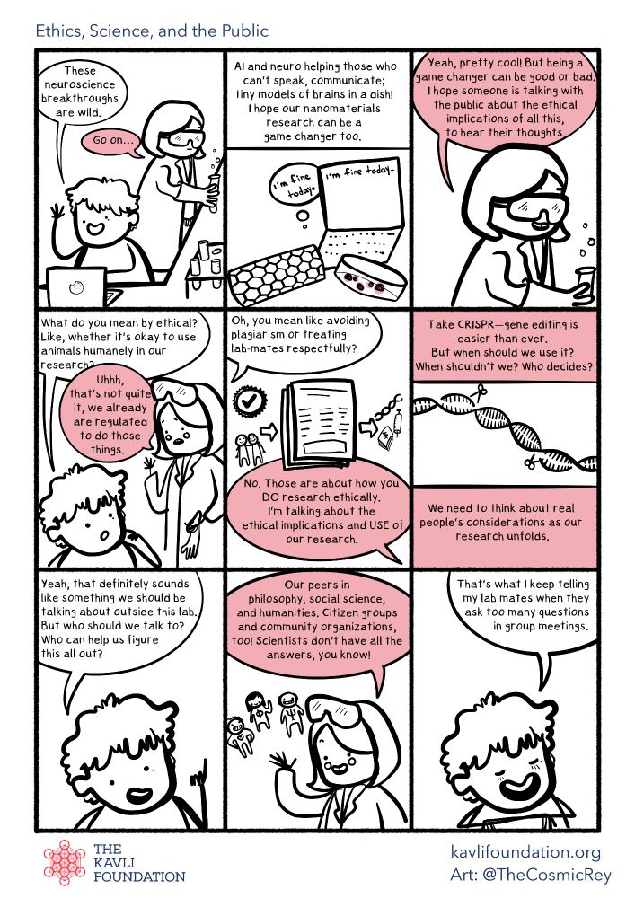 A web comic depicting two scientists discussing ethical issues born from scientific discovery.