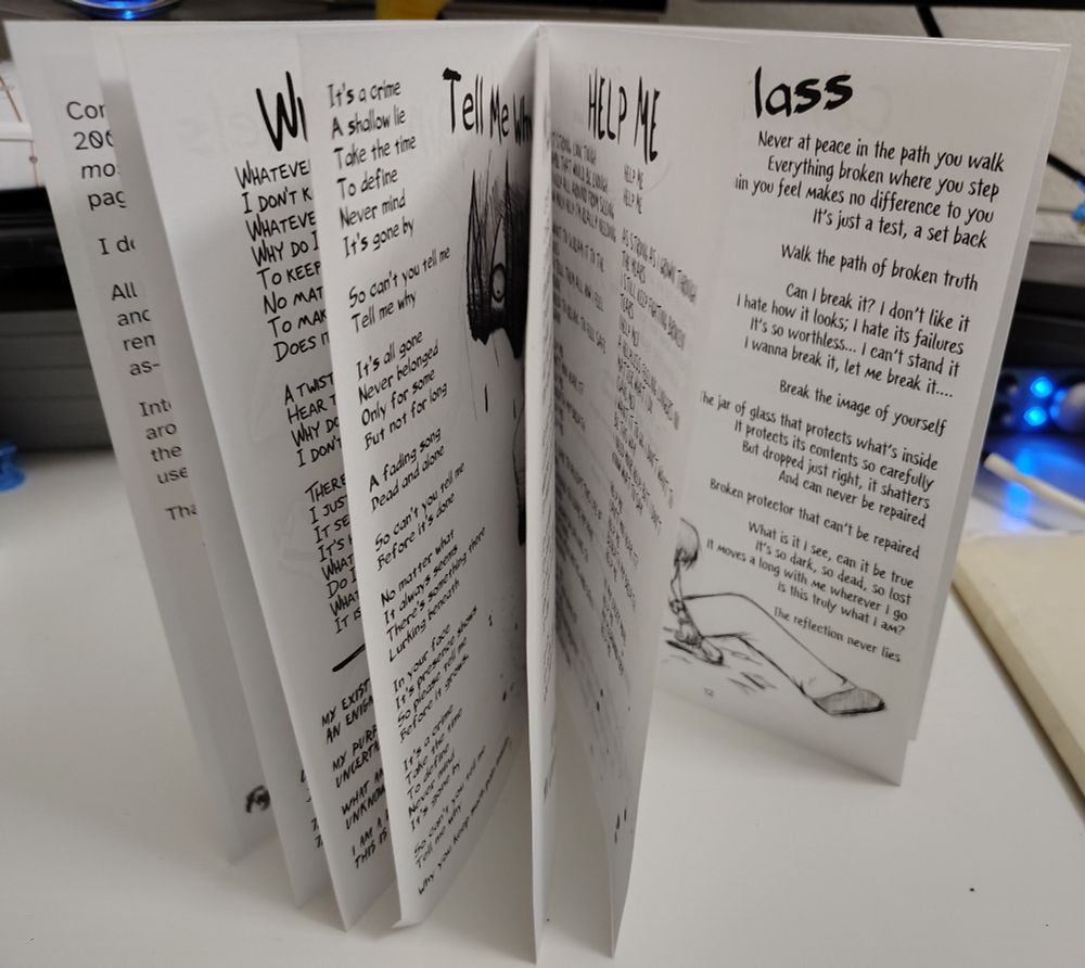The image is a photograph of a Zine, the pages are slightly spread open to get a peek inside to the contents of the zine. 