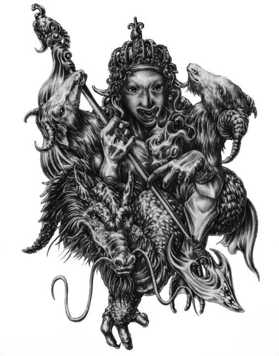 An image of a demon with multiple heads holding a staff 