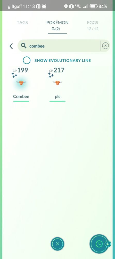 Two shiny male Combee, which cannot evolve, in my Pokémon Go inventory. 