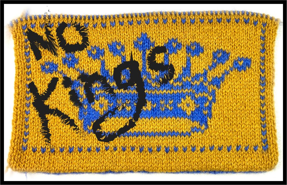 Blue crown on a gold background with graffiti-like writing on left side saying "no kings." 
