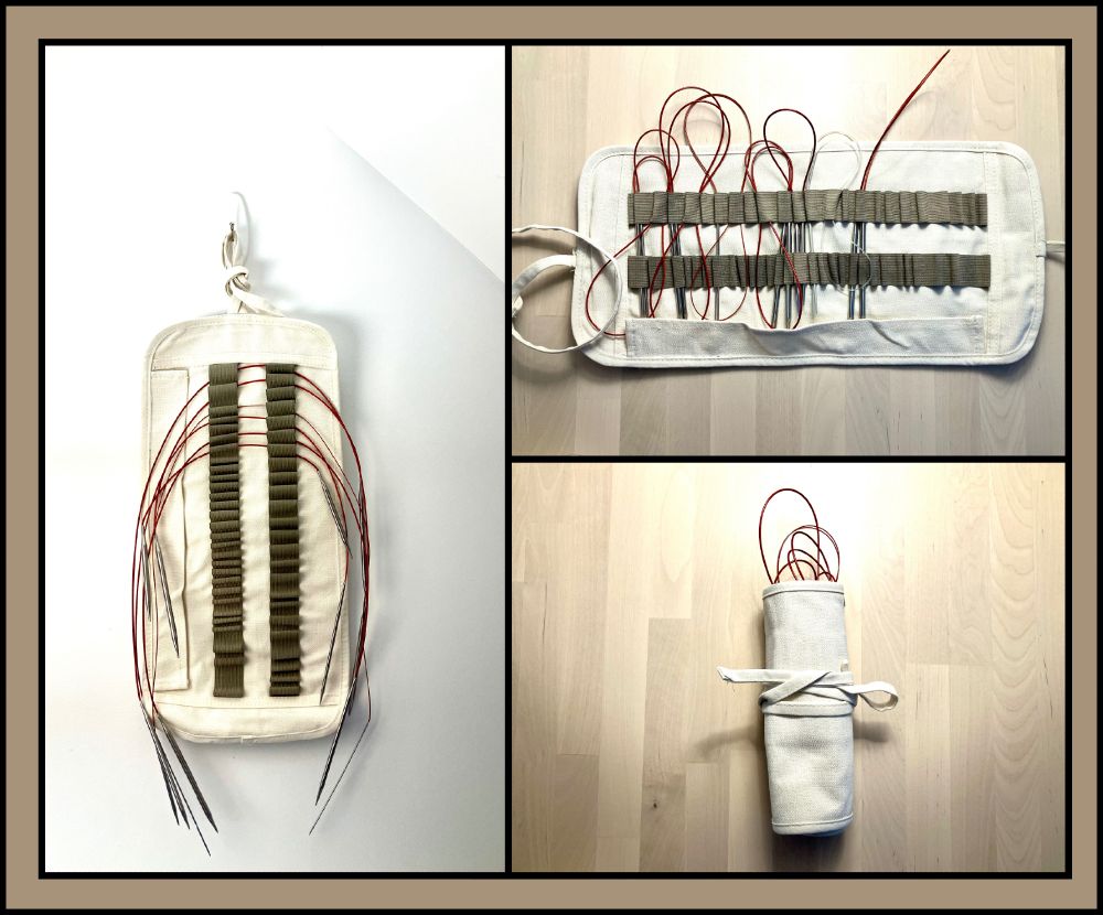 A roll-up pencil case, repurposed as a holder for circular knitting needles