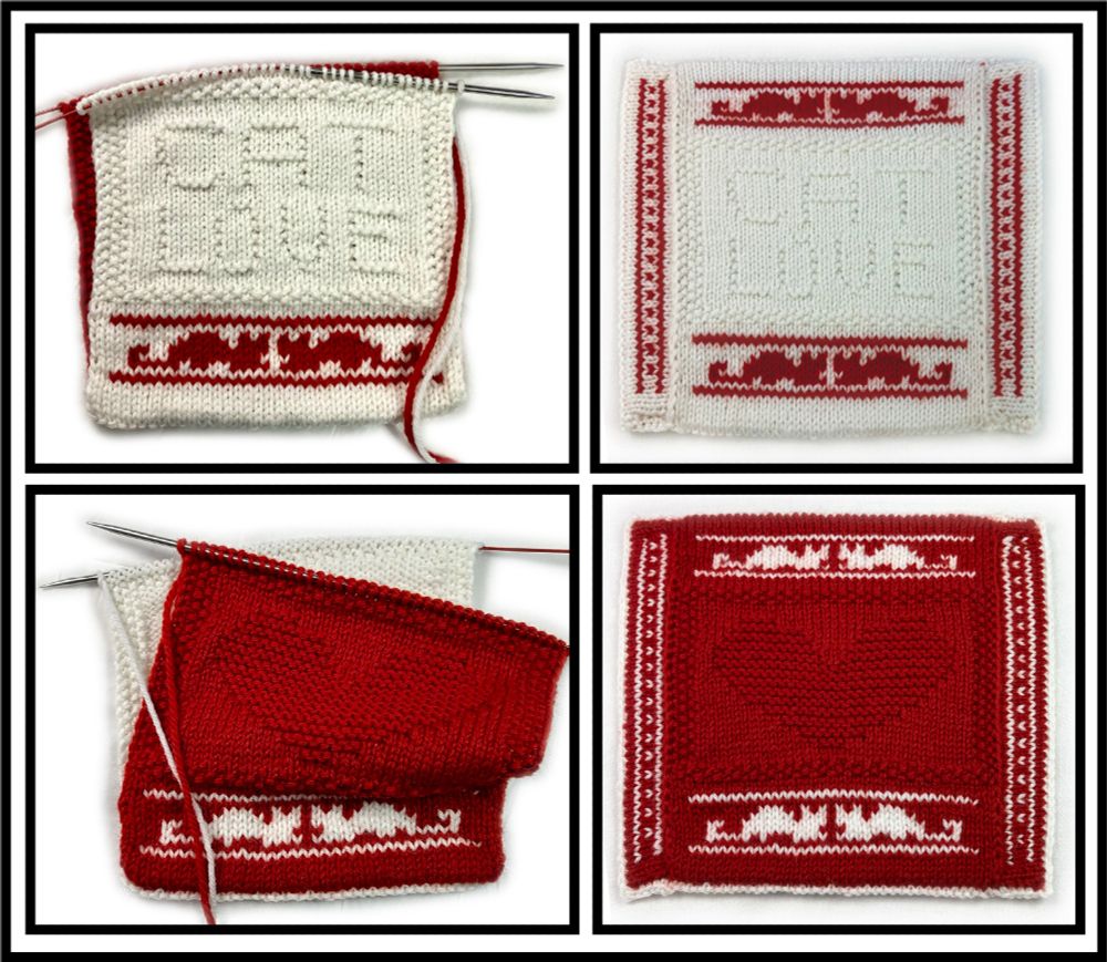 Four panel photo showing a red and white potholder made via double knitting the top, bottom and sides, while working the large one-color area in the middle via simple stockinette fabric. Two panels show the work in progress (front and back). The other two panels show the finished work (front and back). 