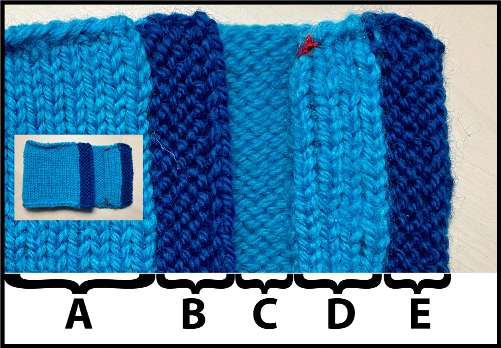 view of a knitted sample, steeked, offering inside and outside views of a new technique. The sample is worked in bright blue stockinette and has dark blue garter stitch borders. Notable is that the cut ends from steeking are completely hidden. 