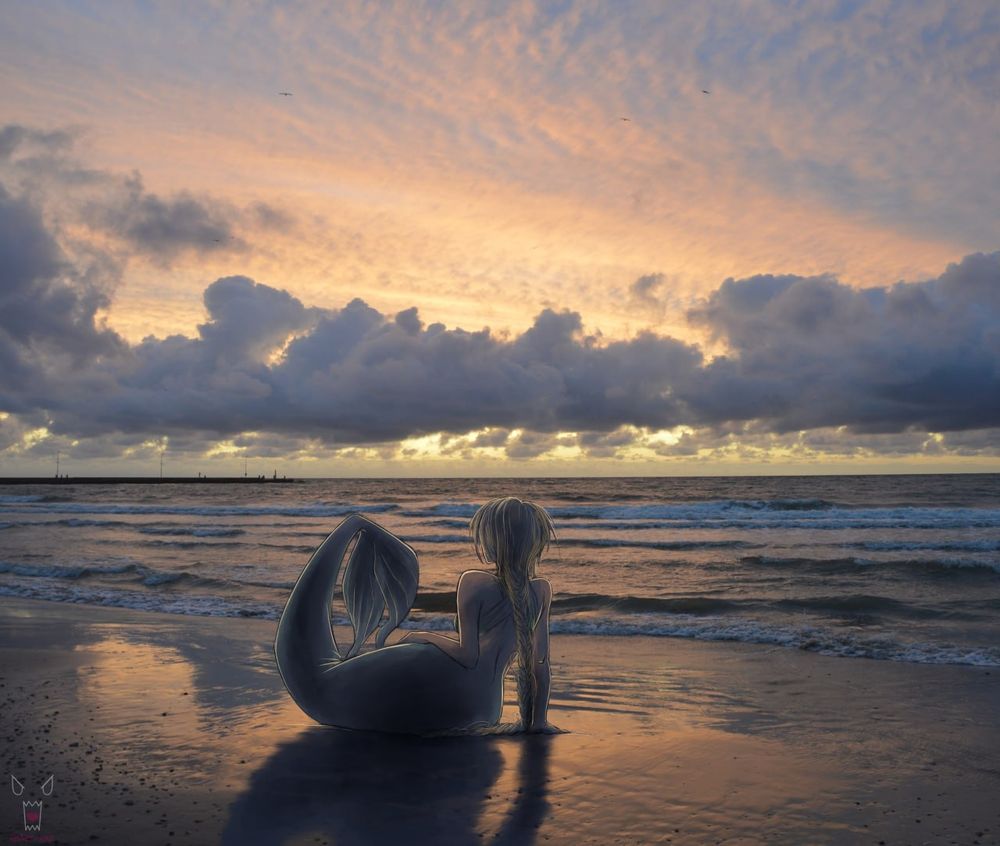 Ein Foto von einem Strand bei Sonnenuntergang ist zu sehen. Die Wolken verdecken den Rest der Sonne. In der Ferne sieht man eine Mole ins Meer ragen. Im Vordergrund ist eine Meerjungfrau zu sehen, die auf das Foto gezeichnet wurde. Sie dreht dem Betrachter den Rücken zu.