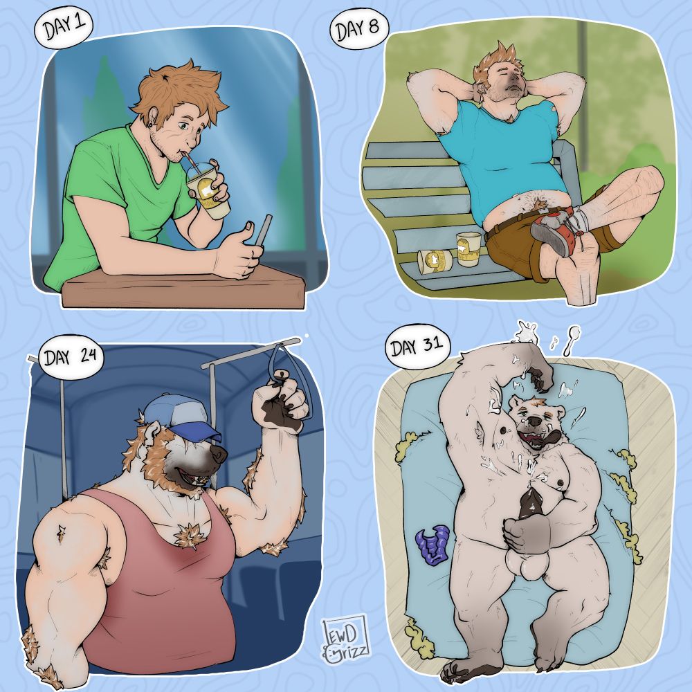 Comic of a human drinking "special arctic honey smoothie", showcasing his transformation due to the consumption of said drink over time, each panel having more features of a polar bear until he is fully transformed and drunk of pleasure because of his new body.